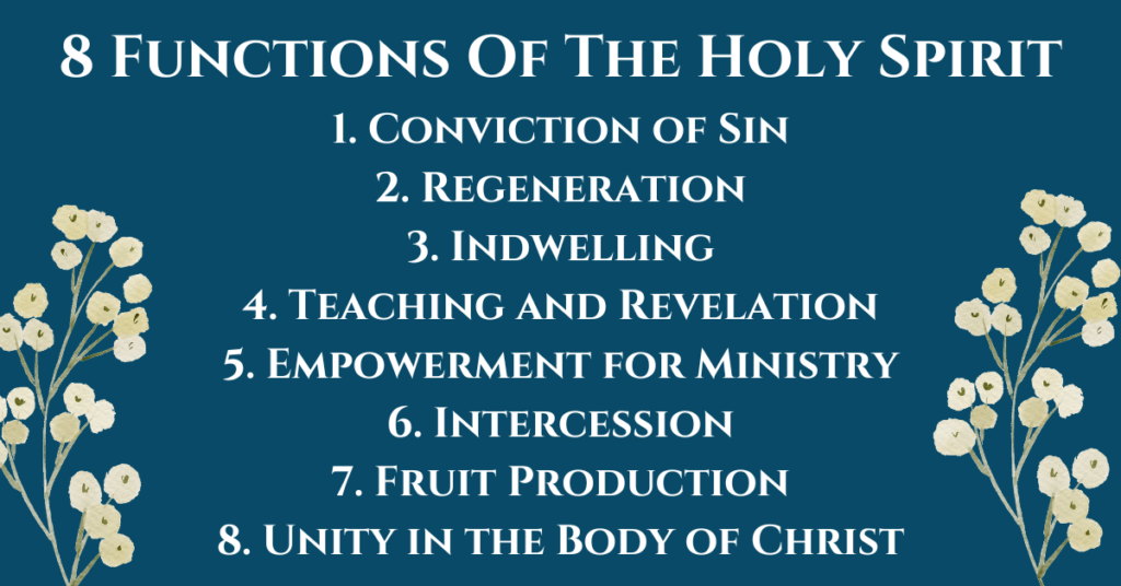 8 Functions Of The Holy Spirit
1. Conviction of Sin
2. Regeneration
3. Indwelling
4. Teaching and Revelation
5. Empowerment for Ministry
6. Intercession
7. Fruit Production
8. Unity in the Body of Christ